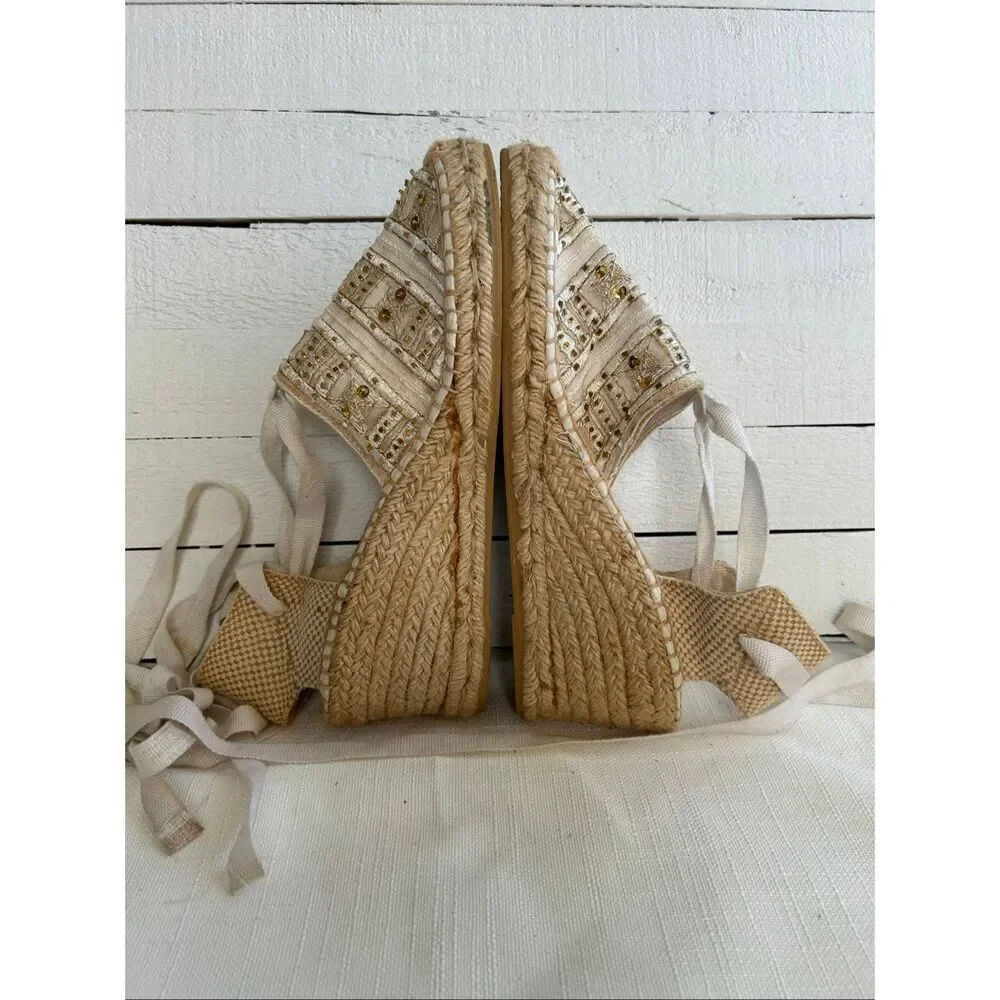 Impo Malibu Espadrille Wedge Sandals Women’s 8M Beige Lace Up Beaded Sequin